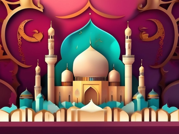 El fondo de la decoración islámica con caricaturas de la mezquita Ramadán Kareem Mawlid Iftar Isra Miraj Eid al