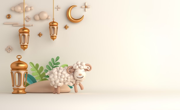 Fondo de decoración islámica de eid al adha con linterna árabe de media luna de ovejas