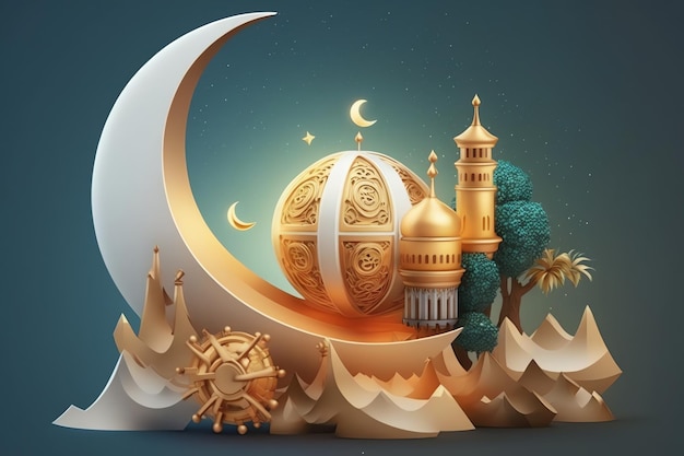 Fondo de decoración islámica con hermoso estilo de dibujos animados de mezquita ramadan kareem mawlid iftar isra miraj eid al fitr adha muharram espacio de copia área de texto ilustración 3D