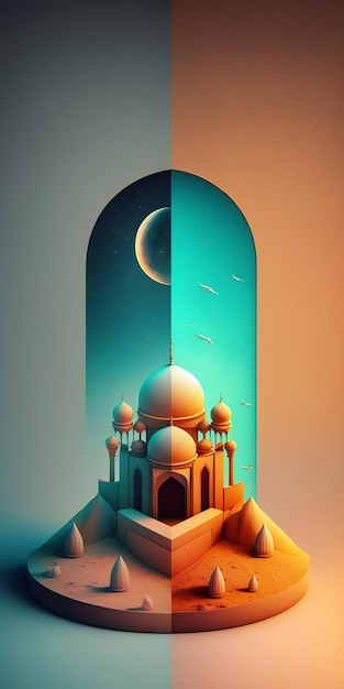 Fondo de decoración islámica con hermoso estilo de dibujos animados de mezquita ramadan kareem mawlid iftar isra miraj eid al fitr adha muharram espacio de copia área de texto ilustración 3D