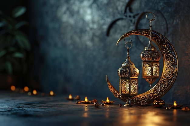 Fondo de decoración islámica con linterna y luna creciente estilo de lujo ramadan kareem