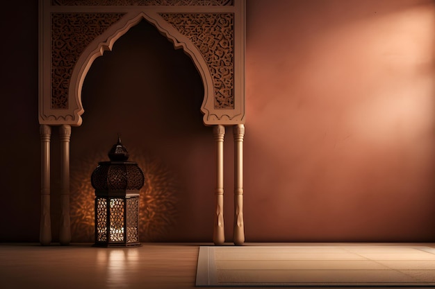 fondo de decoración islámica con marco de ventana árabe linterna media luna espacio de copia