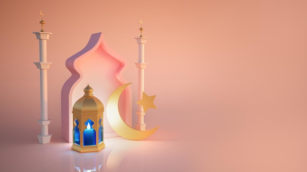 Fondo de decoración islámica para Ramadán con linterna y mezquita 3D