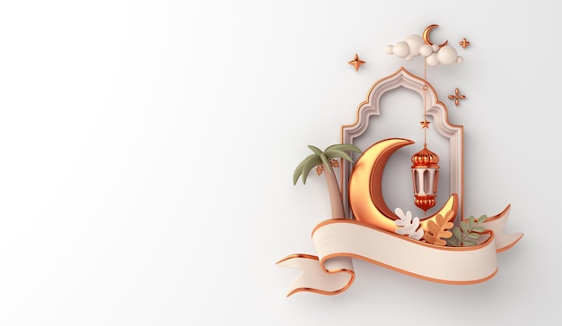 Fondo de decoración islámica con ventana de mezquita ondeando cinta linterna media luna