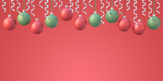 Fondo de decoración de Navidad y año nuevo con bola de Navidad y cinta sobre fondo rojo, fondo de renderizado 3D