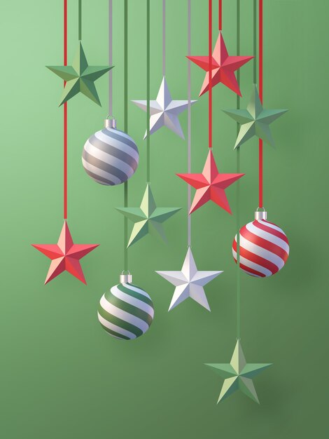 Fondo de decoración de navidad y año nuevo con bola de navidad y cinta sobre fondo verde, fondo de renderizado 3D