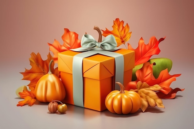 Fondo de decoración de otoño con hojas de naranja calabaza y caja de regalo