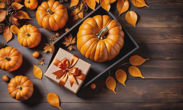 Foto fondo de decoración de otoño con hojas de naranja de calabaza y caja de regalos