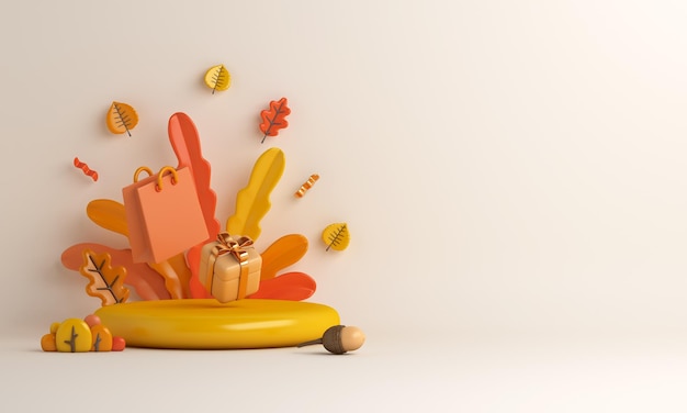 Fondo de decoración de podio de exhibición de otoño con hojas de naranja, bolsa de compras, caja de regalo, bellota