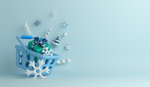 Fondo de decoración de venta de invierno con carrito de cesta, copos de nieve, caja de regalo