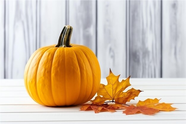 Fondo decorativo de calabaza y hojas secas de otoño sobre arreglo de madera en el interior del concepto de Halloween