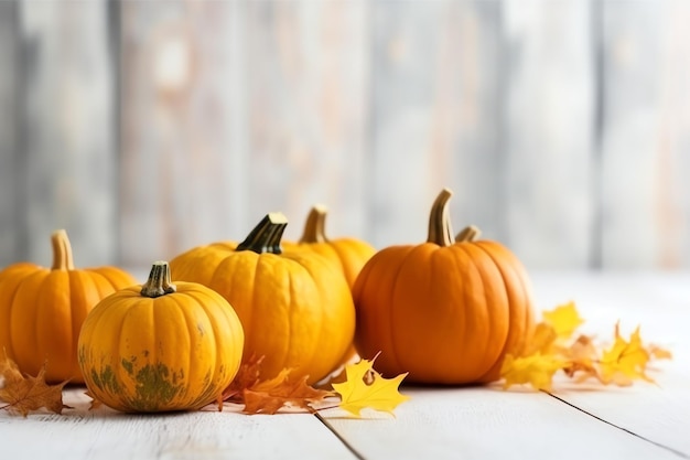 Fondo decorativo de calabaza y hojas secas de otoño sobre arreglo de madera en el interior del concepto de Halloween