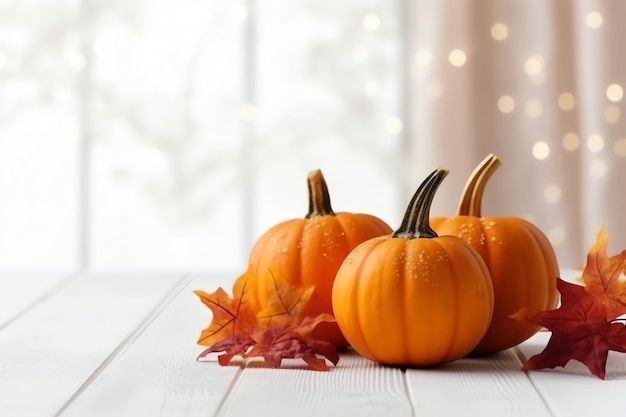 Fondo decorativo de calabaza y hojas secas de otoño sobre arreglo de madera en el interior del concepto de Halloween