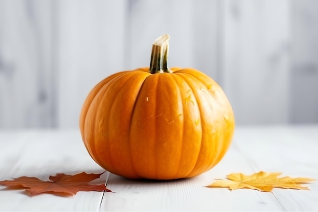 Fondo decorativo de calabaza y hojas secas de otoño sobre arreglo de madera en el interior del concepto de Halloween