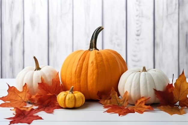 Fondo decorativo de calabaza y hojas secas de otoño sobre arreglo de madera en el interior del concepto de Halloween