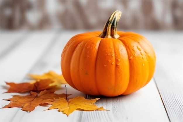 Fondo decorativo de calabaza y hojas secas de otoño sobre arreglo de madera en el interior del concepto de Halloween