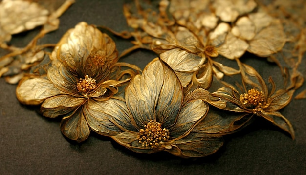 Fondo decorativo de flor dorada de lujo Hermosa ilustración de arte floral de metal precioso 3D
