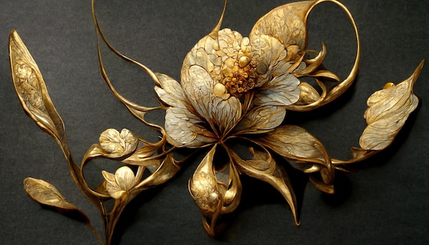 Fondo decorativo de flor dorada de lujo Hermosa ilustración de arte floral de metal precioso 3D