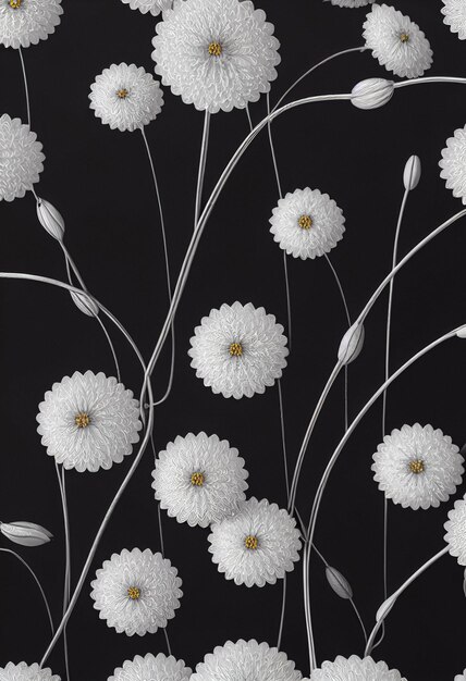 Fondo decorativo con flores metálicas hechas de alambre de plata de filigrana en ilustración 3D negra