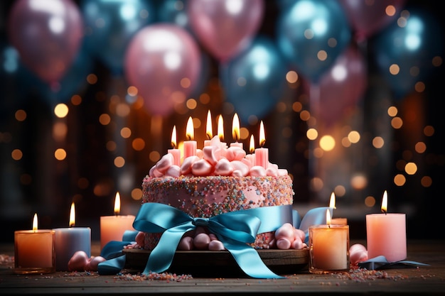 Fondo de delicias decorativas adornado con elementos festivos para una fiesta de feliz cumpleaños
