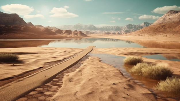 Fondo de deportes y viajes con corte del suelo y la carretera del desierto y el lago