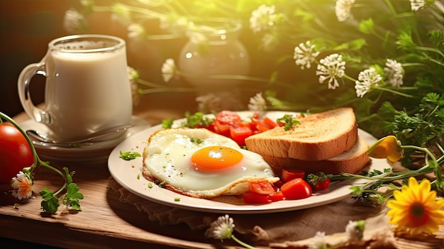 Fondo de desayuno fresco y saludable con plato de huevo y bebida caliente en la mesa de la mañana