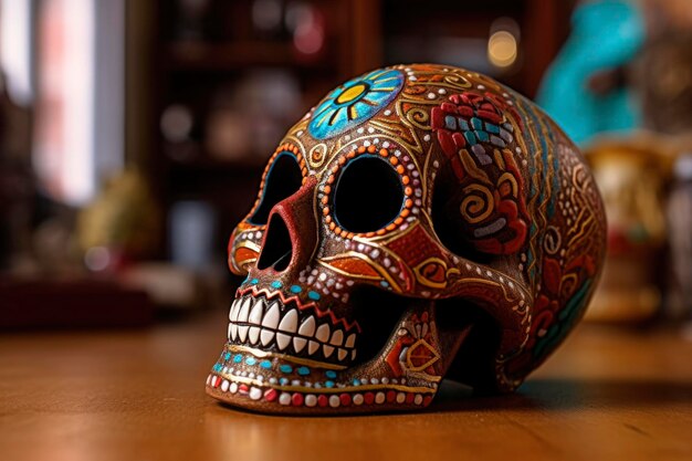 Foto fondo del día de los muertos con máscara de calavera decorada con flores y velas en el altar de la casa calavera de azúcar del día de los muertos para la celebración tradicional mexicana del festival la muerte generó ai