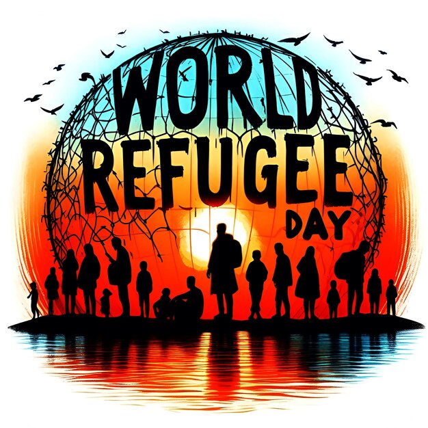 Fondo del Día Mundial de los Refugiados con personas musulmanas caminando en busca de un hogar generado por la IA