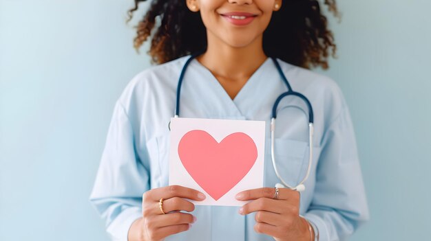 Foto fondo del día mundial de la salud médica con el estetoscopio sosteniendo un corazón cortado de papel vacío