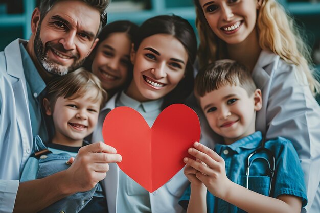 Foto fondo del día mundial de la salud con el médico y la familia sosteniendo el corazón