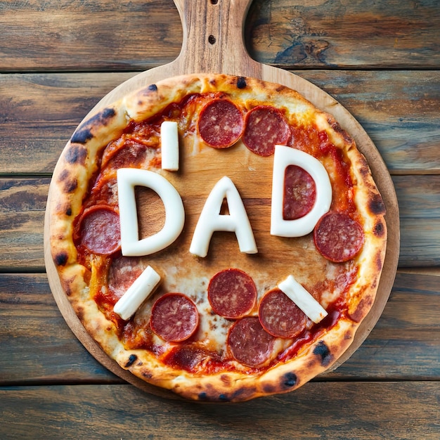 Fondo del día del padre Pizza de pepperoni con letras de "me encanta papá" en la mesa de madera Concepto del día del padre receta e idea Vista superior o flatlay