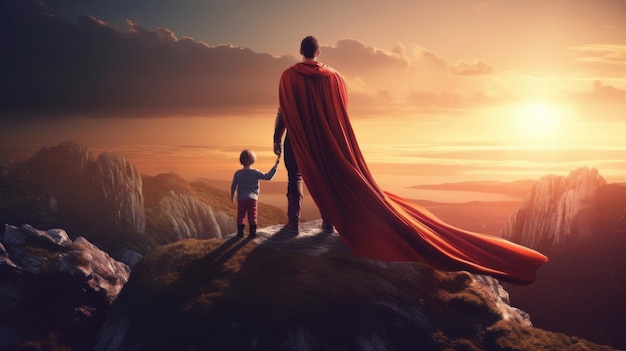 Foto fondo del día del padre superhéroe padre con niño ilustración ai generativo