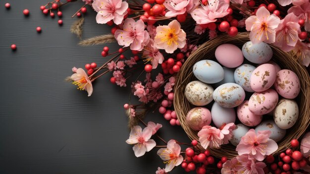 Foto fondo de día de pascua con adornos de huevo, flores y colores de fondo minimalistas