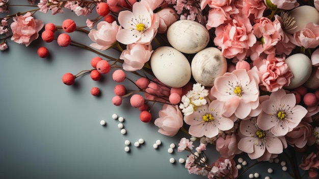 Fondo de día de Pascua con adornos de huevo, flores y colores de fondo minimalistas