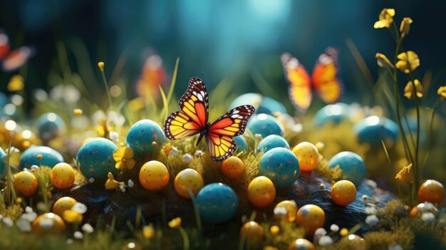 Fondo del día de Pascua con adornos de huevo mariposas y fondo borroso
