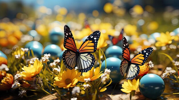 Fondo de día de Pascua con adornos de huevo mariposas y fondo borroso