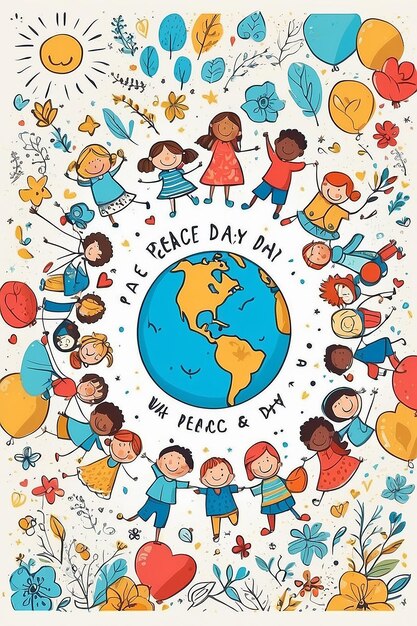 Fondo del día de la paz dibujado a mano por vector con niños