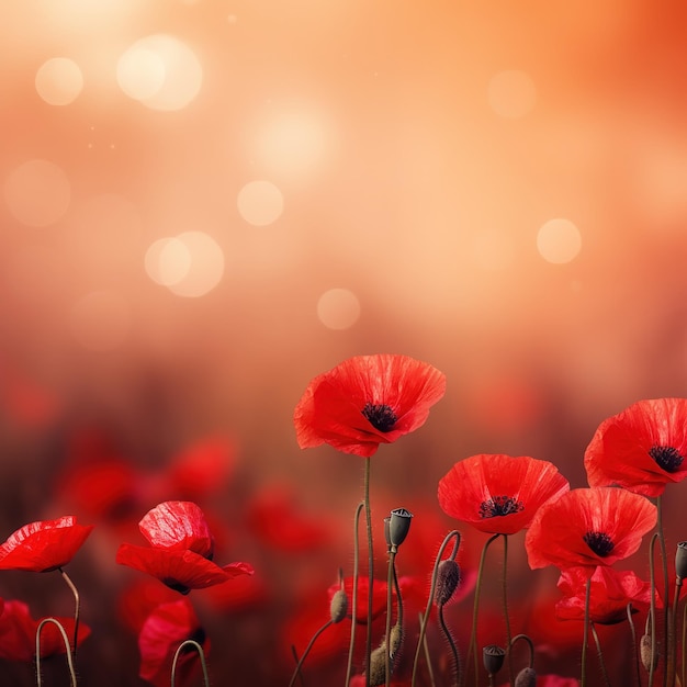 Fondo del Día del Recuerdo con espacio de copia Flores de amapola roja sobre fondo bokeh Adecuado para publicaciones en redes sociales, carteles y otros materiales de marketing