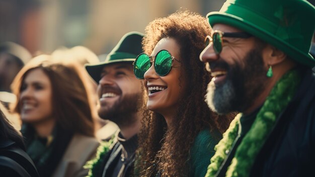 El fondo del día de San Patricio con personas diversas sonrientes y felices con ropa verde y sombreros de duende