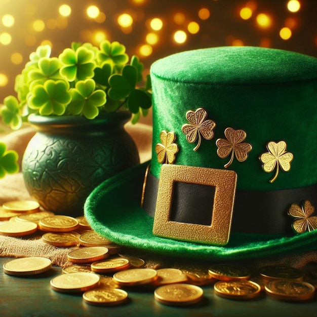 Fondo del día de San Patricio con sombrero de duende verde con alfileres dorados sombrero del duende verde