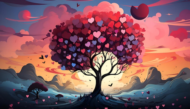Fondo del día de San Valentín con árbol e ilustración de corazones