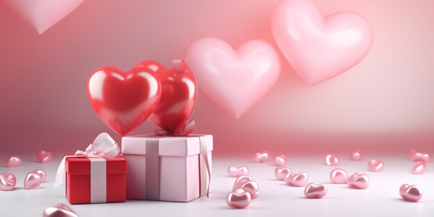 Fondo del día de San Valentín con caja de regalos y corazones 3D Render Happy Valentine day