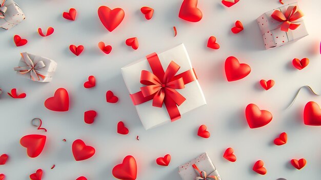 Fondo del día de San Valentín con caja de regalos o regalos y varios corazones rojos