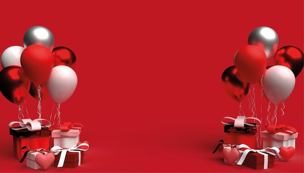 Fondo del día de San Valentín con cajas de regalo, globos y corazón