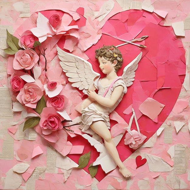 Foto fondo del día de san valentín con collage de papel rasgado con rosas de corazón y cupido