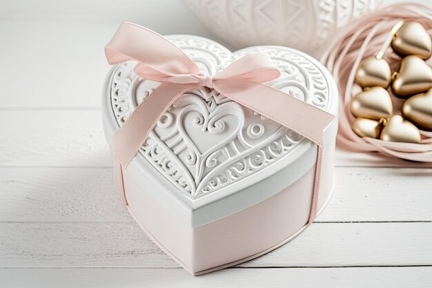 Fondo del día de San Valentín corazón ornamental rosa pastel con cinta y caja de regalo en pizarra blanca