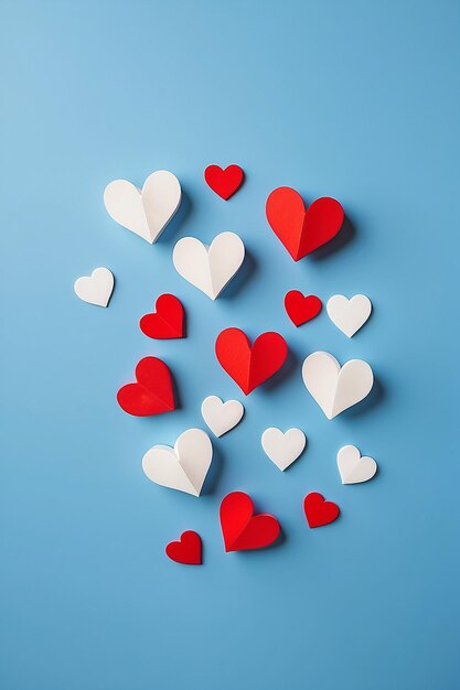 Fondo del día de San Valentín Corazones blancos y rojos sobre fondo azul Concepto del día de san Valentín