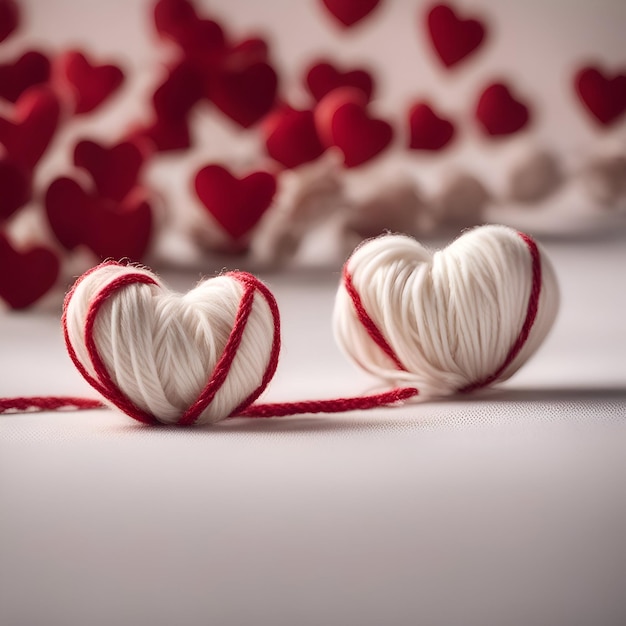 Fondo de día de San Valentín con corazones y hilo blanco sobre fondo blanco