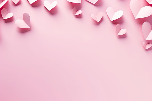 Fondo del Día de San Valentín con corazones de papel rosado renderizado en 3D Corazones de papel rosado vuelan en un fondo de color rosa suave espacio de copia de borde generado por IA