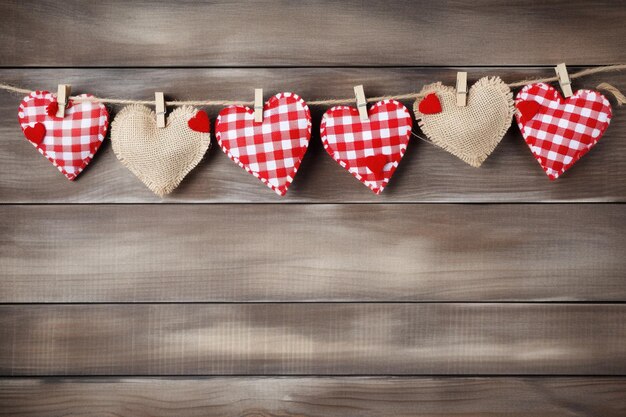 Fondo del día de San Valentín con corazones y pinzas de ropa en la pared de madera